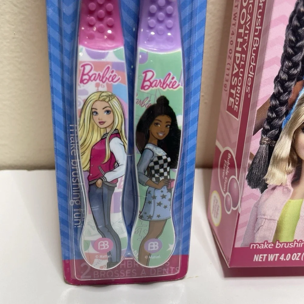 Brush Buddies Barbie 2 Pack Toothbrushes And Toothpaste Set Bubble Gum Flavor